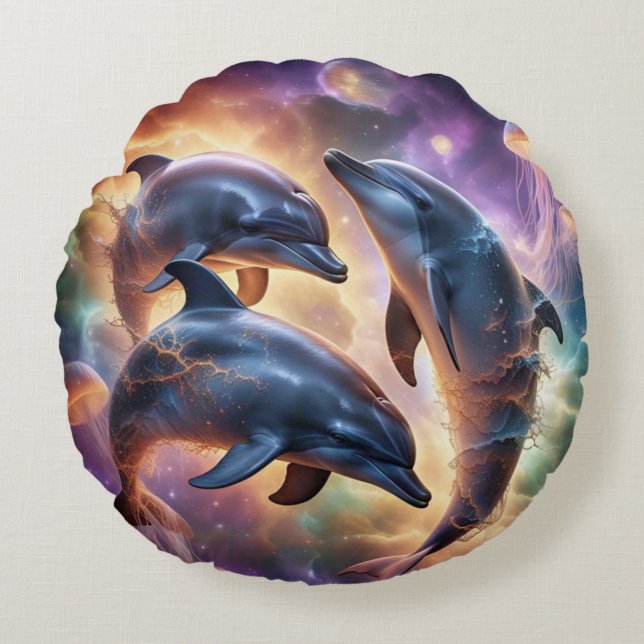 Cosmic Dolphins and Jellyfish in Space  Round Pillow (Front)
