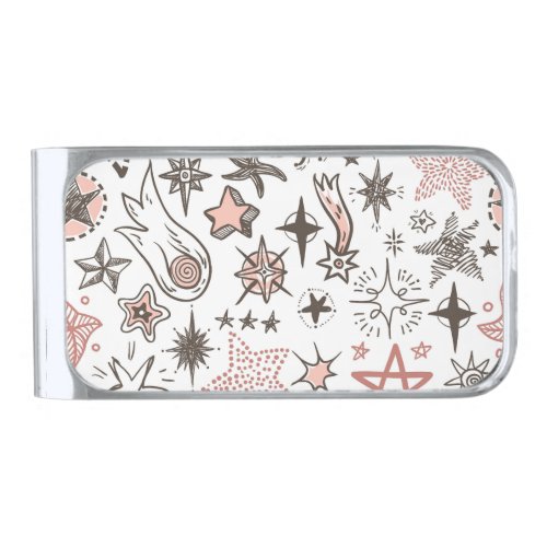 Cosmic Doodles Stars and Comets Silver Finish Money Clip