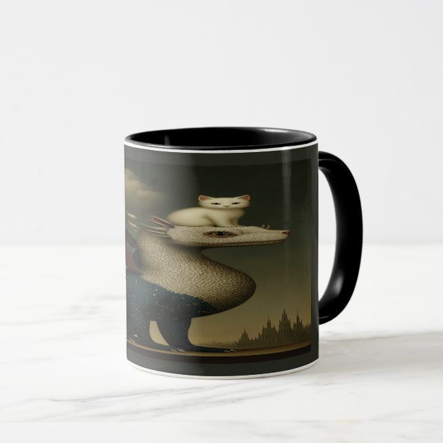 Cosmic Dragon and White Kitten Surreal Art Mug (Front Right)