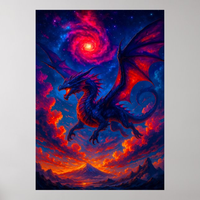 Cosmic Dragon Flying Through Fiery Sky Fantasy  Poster (Front)
