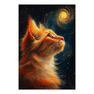Cosmic Dreamer Ginger Cat Stargazing Poster