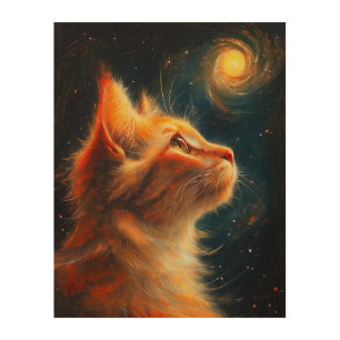 Cosmic Dreamer Ginger Cat Stargazing Wood Wall Art