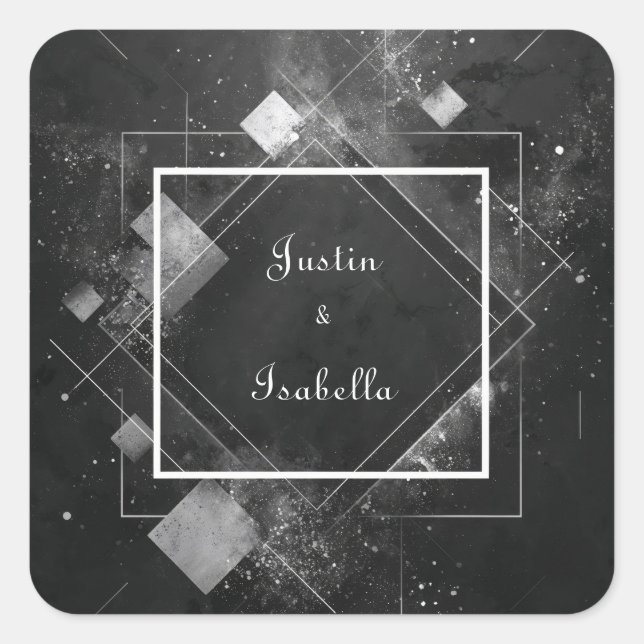 Cosmic Dust Black Diamond Frame Modern Wedding Square Sticker (Front)