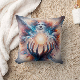 Cosmic Energy Embraced by Hands Throw Pillow