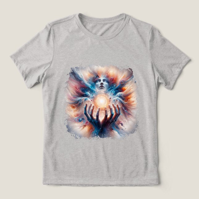 Cosmic Energy Embraced by Hands Tri-Blend Shirt (Design Front)
