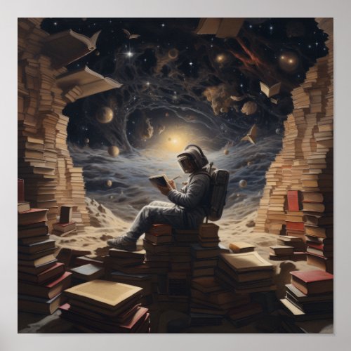 Cosmic Explorer Astronaut Reading in Space Poster