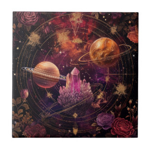 Cosmic Floral Planet Purple Nebula Space Ceramic Tile