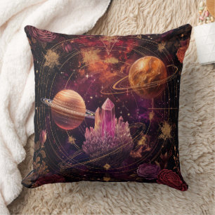 Cosmic Floral Planet Purple Nebula Space Throw Pillow