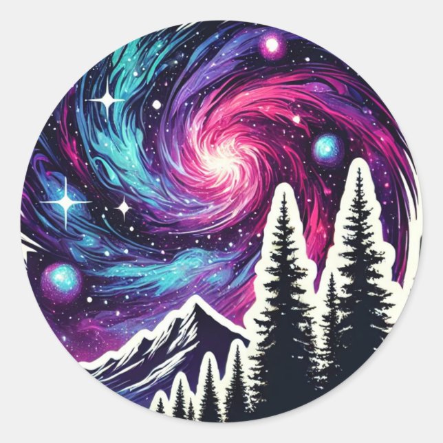 Cosmic Forest: Galaxy Meets Nature Classic Round Sticker (Front)