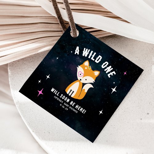 Cosmic Fox Wild One Pink Girl Baby Shower Favor Tags