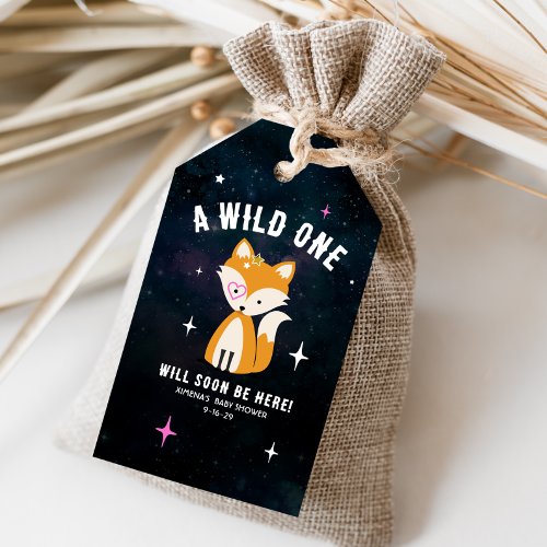 Cosmic Fox Wild One Pink Girl Baby Shower Gift Tags