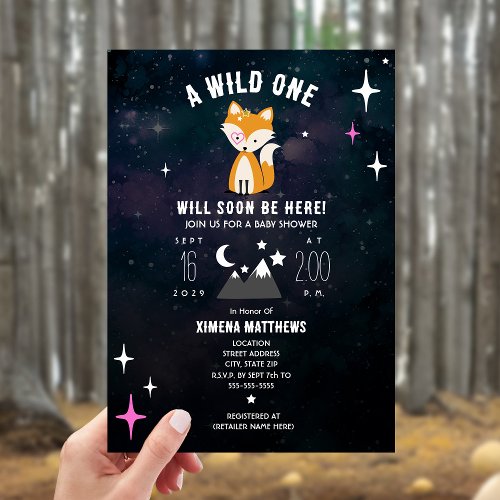 Cosmic Fox Wild One Pink Girl Baby Shower Invitation