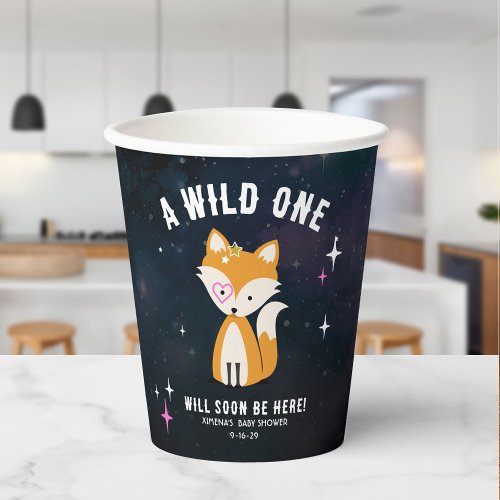 Cosmic Fox Wild One Pink Girl Baby Shower Paper Cups