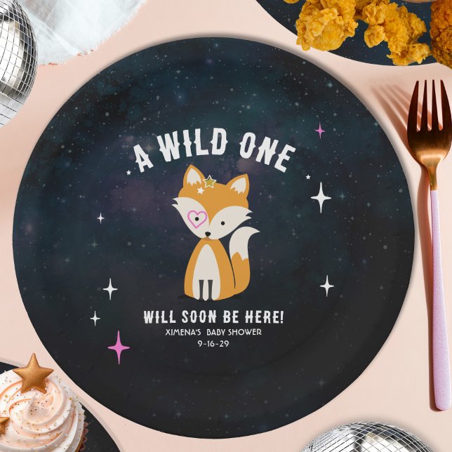 Cosmic Fox Wild One Pink Girl Baby Shower Paper Plates (Creator Uploaded)