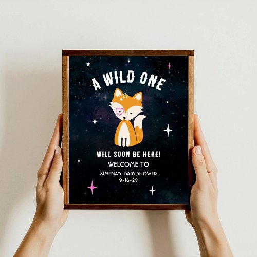 Cosmic Fox Wild One Pink Girl Baby Shower Poster