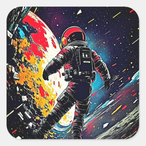 Cosmic Fragmentation Lino Cut Astronaut Square Sticker