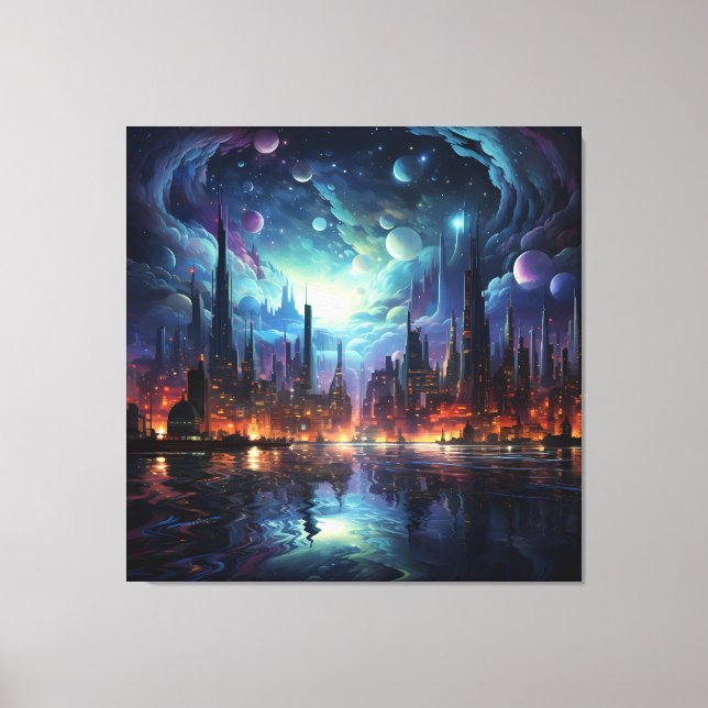 Cosmic Futuristic Metropolis Skyscraper Canvas Print (Front)