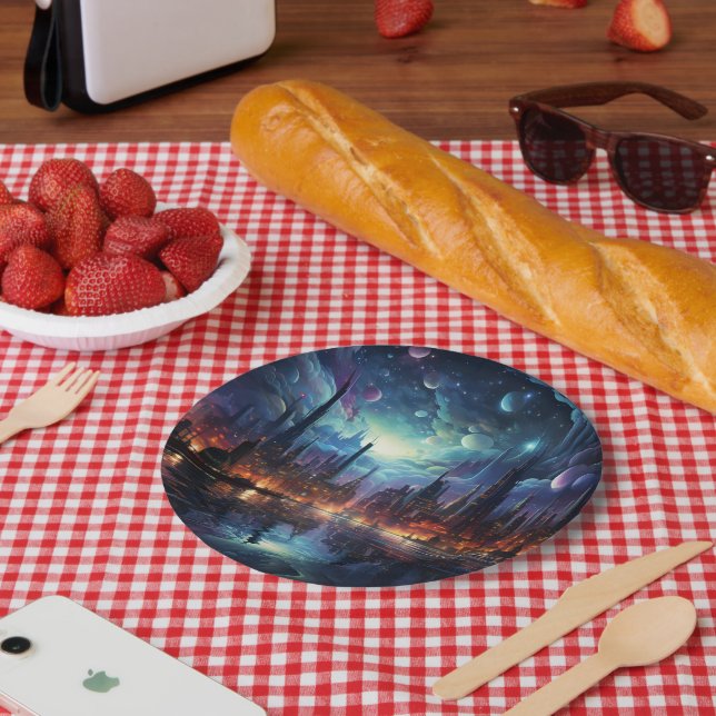 Cosmic Futuristic Metropolis Skyscraper Paper Plates (Picnic)