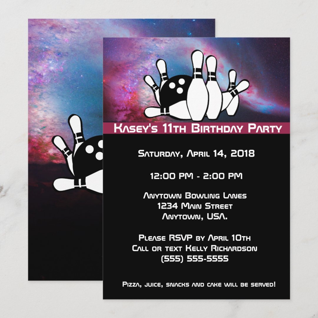 Cosmic Galaxy Bowling Birthday Party Invitation | Zazzle