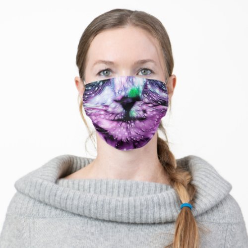Cosmic Galaxy Cat Starry Skies Purple And Green Adult Cloth Face Mask