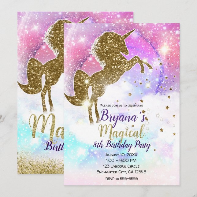 Cosmic Galaxy Gold Glitter Unicorn Magical Party Invitation (Front/Back)