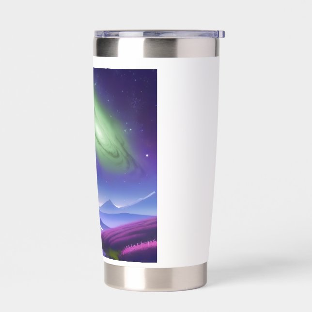 Cosmic Galaxy Mug – Green Nebula Over Purple Mount Insulated Tumbler (Left)