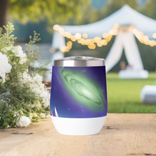 Cosmic Galaxy Mug – Green Nebula Over Purple Mount Thermal Wine Tumbler (Wedding (Rotated))