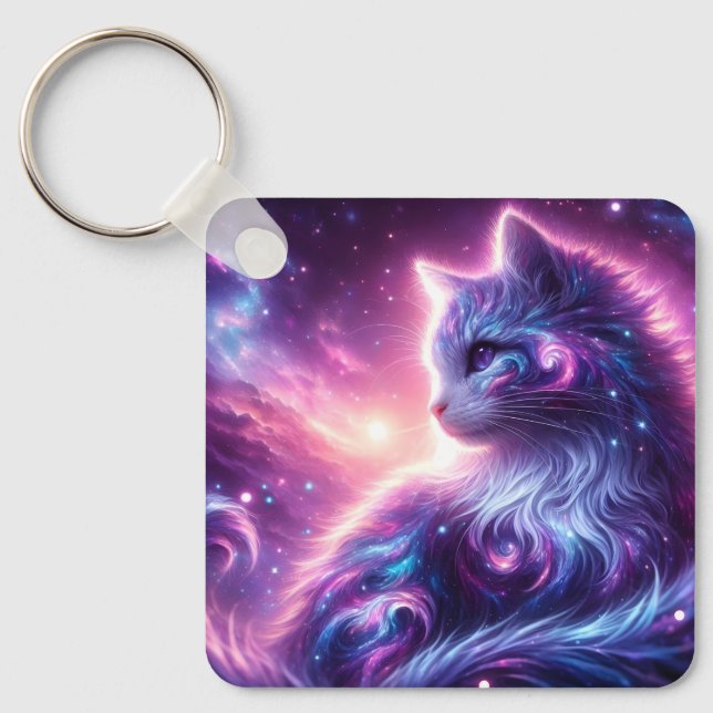 Cosmic Galaxy Mystical Feline Celestial Keychain (Front)