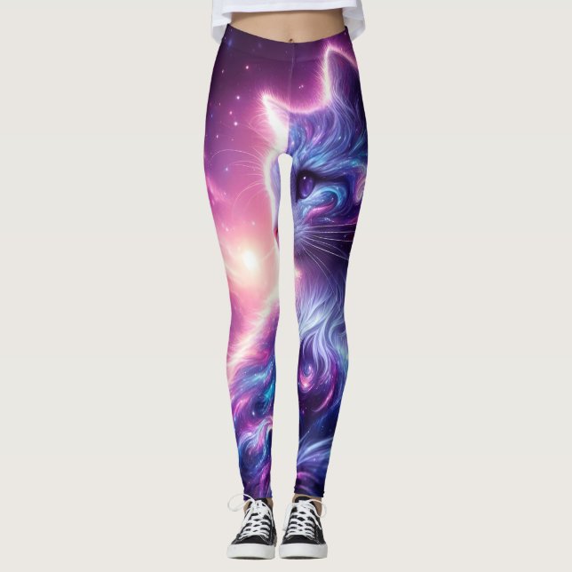 Cosmic Galaxy Mystical Feline Celestial Leggings (Front)