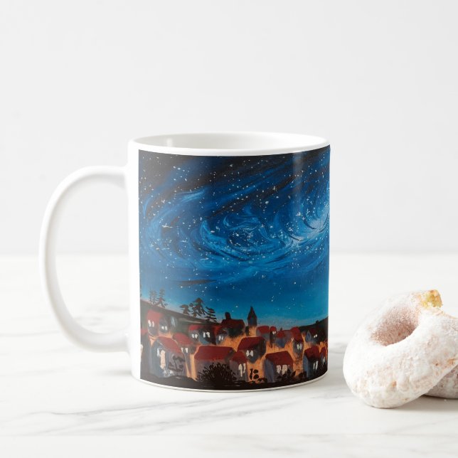 Cosmic Galaxy Sky Over Village Mug (With Donut)