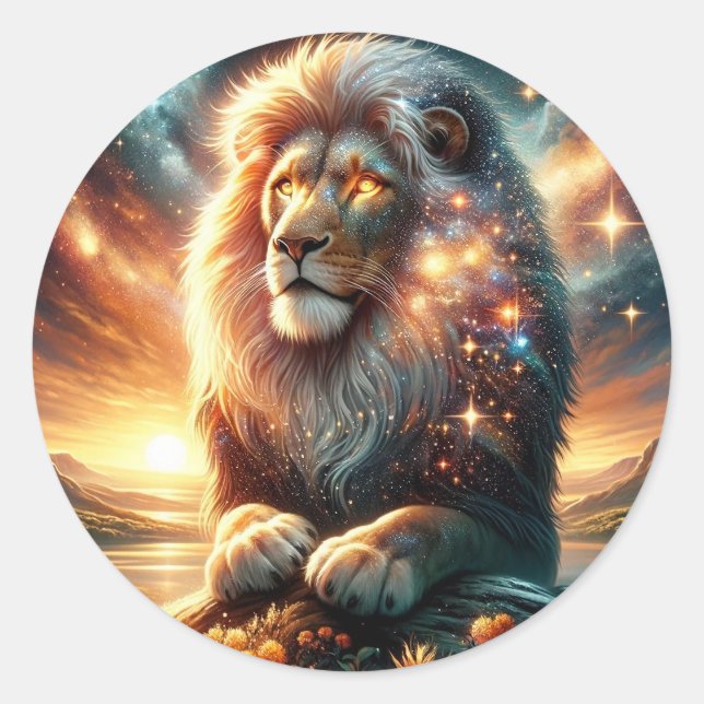 Cosmic Galaxy Space Lion Leo Strength Astrology  Classic Round Sticker (Front)