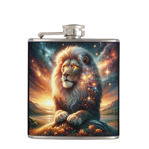 Cosmic Galaxy Space Lion Leo Strength Astrology  Flask