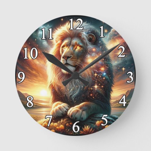 Cosmic Galaxy Space Lion Leo Strength Astrology  Round Clock