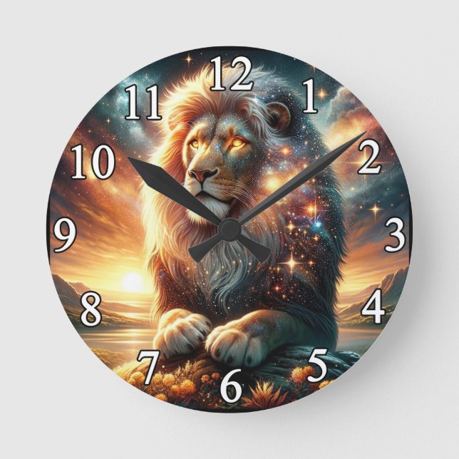 Cosmic Galaxy Space Lion Leo Strength Astrology  Round Clock (Front)