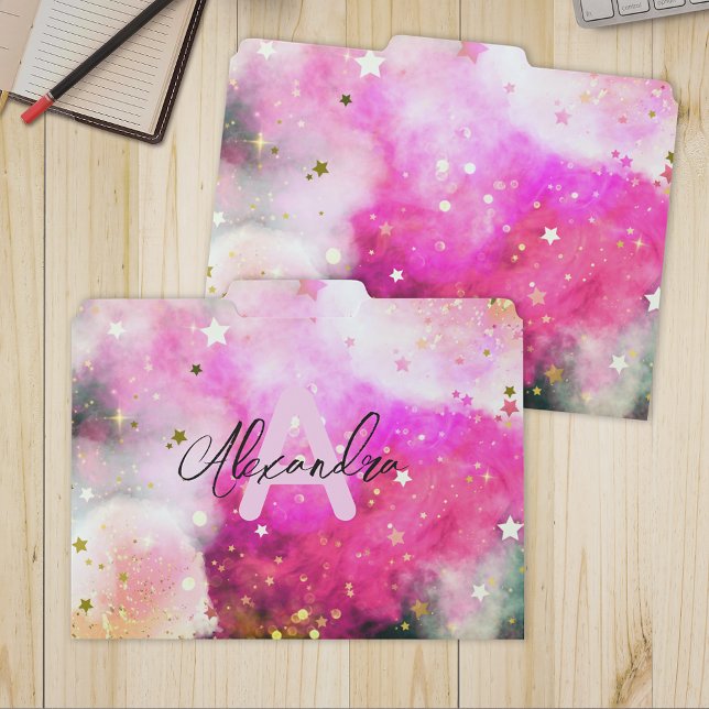 Cosmic Galaxy Stars Pink Clouds Fancy Chic Script File Folder (Creator Uploaded)