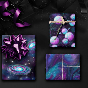 Cosmic Galaxy Turquoise Blue Purple Nebula Wrapping Paper Sheets