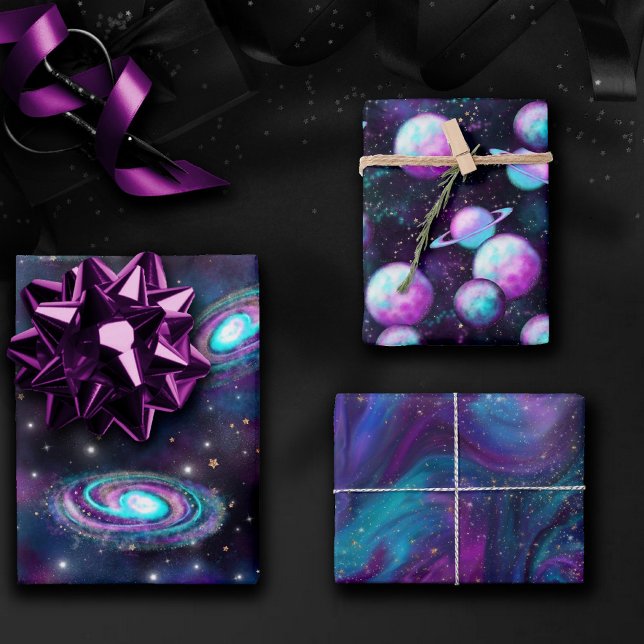 Cosmic Galaxy | Turquoise Blue Purple Nebula Wrapping Paper Sheets (Creator Uploaded)
