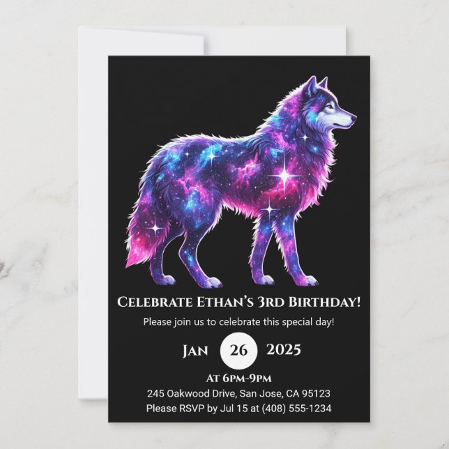 Cosmic Galaxy Wolf Poster Birthday Invitation (Front)