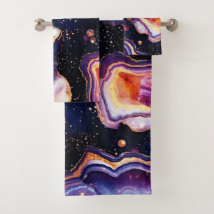 Cosmic Geode Abstract with Purple Gold Swirls Bath Towel Set