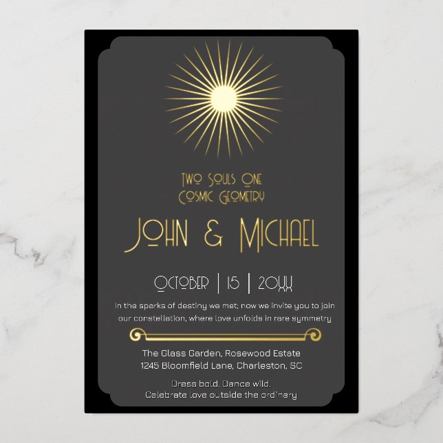  Cosmic Geometry Wedding Black Gray Gold Starburst Foil Invitation (Front)