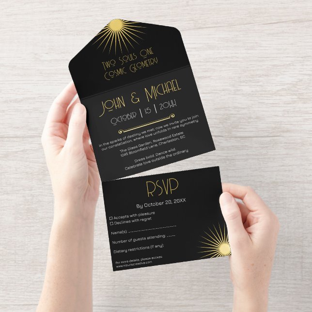  Cosmic Geometry Wedding Black Starburst All In One Invitation (Tearaway)