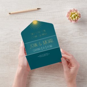 Cosmic Geometry Wedding Emerald Gold Starburst All In One Invitation