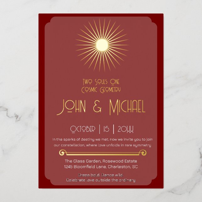  Cosmic Geometry Wedding Terracotta Gold Starburst Foil Invitation (Front)