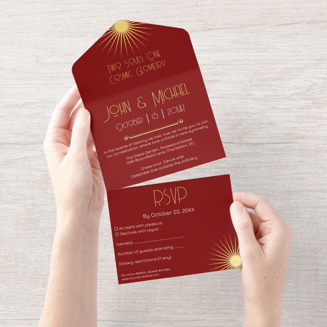  Cosmic Geometry Wedding Terracotta Red Starburst All In One Invitation (Tearaway)