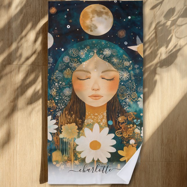 Cosmic Girl Boho Moon & Daisy Illustration Custom Beach Towel (Cosmic Girl Boho Moon & Daisy Illustration Custom Beach Towel)