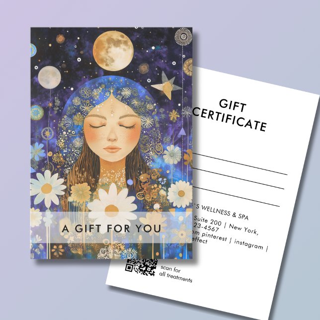 Cosmic Girl Boho Moon QR Code Gift Certificate (Cosmic Girl Boho Moon QR Code Salon Gift Certificate Blue & Gold)
