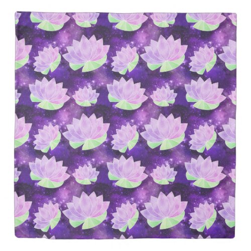 Cosmic Glam Purple Lotus Flowers Galaxy Pattern Duvet Cover