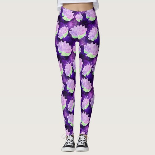 Cosmic Glam Purple Lotus Flowers Galaxy Print Yoga Leggings