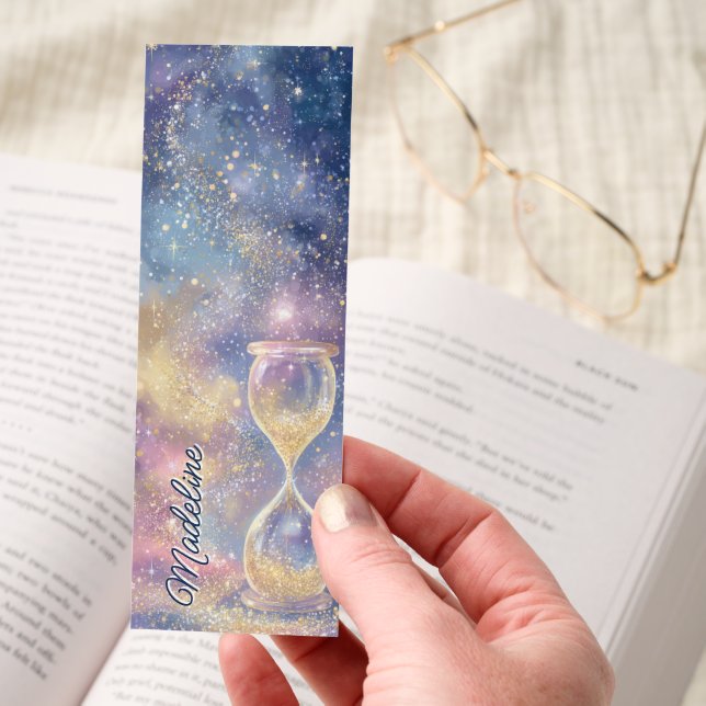 Cosmic Glitter Hourglass on Galaxy Background Bookmarks (Hand)