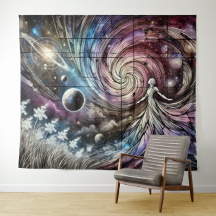 Cosmic Goddess with Swirling Galaxy and Planets Tapestry